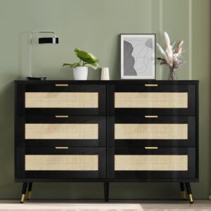 revominca rattan 6 drawer dresser, modern boho dresser for bedroom, rattan chest of drawers with gold handles & legs, modern dressers for bedroom, black rattan dresser for living room and hallway