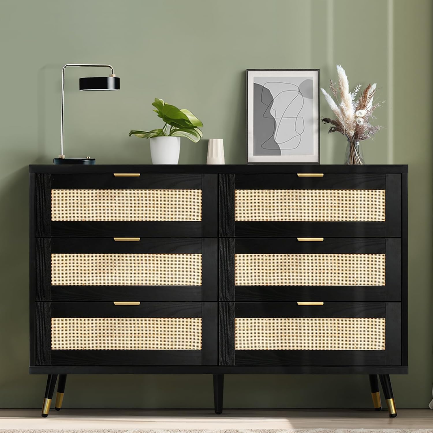 REVOMINCA Rattan 6 Drawer Dresser, Modern Boho Dresser for Bedroom, Rattan Chest of Drawers with Gold Handles & Legs, Modern Dressers for Bedroom, Black Rattan Dresser for Living Room and Hallway