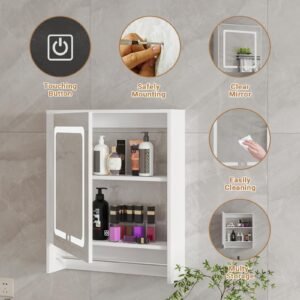 Lighted Medicine Cabinet with Mirror, Single Door Bathroom Mirror with Storage & Adjustable Shelves, Mirror Medicine Cabinet Wall Mounted with LED Lights, USBs, Towel Bar (22.8*6.1, Shelves)