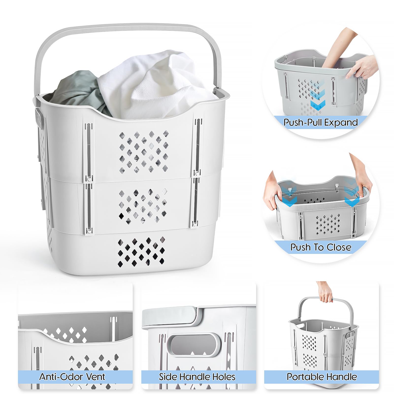 Vicorise 40L(10.7Gallons) Collapsible Laundry Basket,3-Layer Kids Small Laundry Baskets Plastic with Underwear Basket,Baby Foldable Laundry Basket Organizer Dirty Hampers for Bedroom,Bathroom,Grey