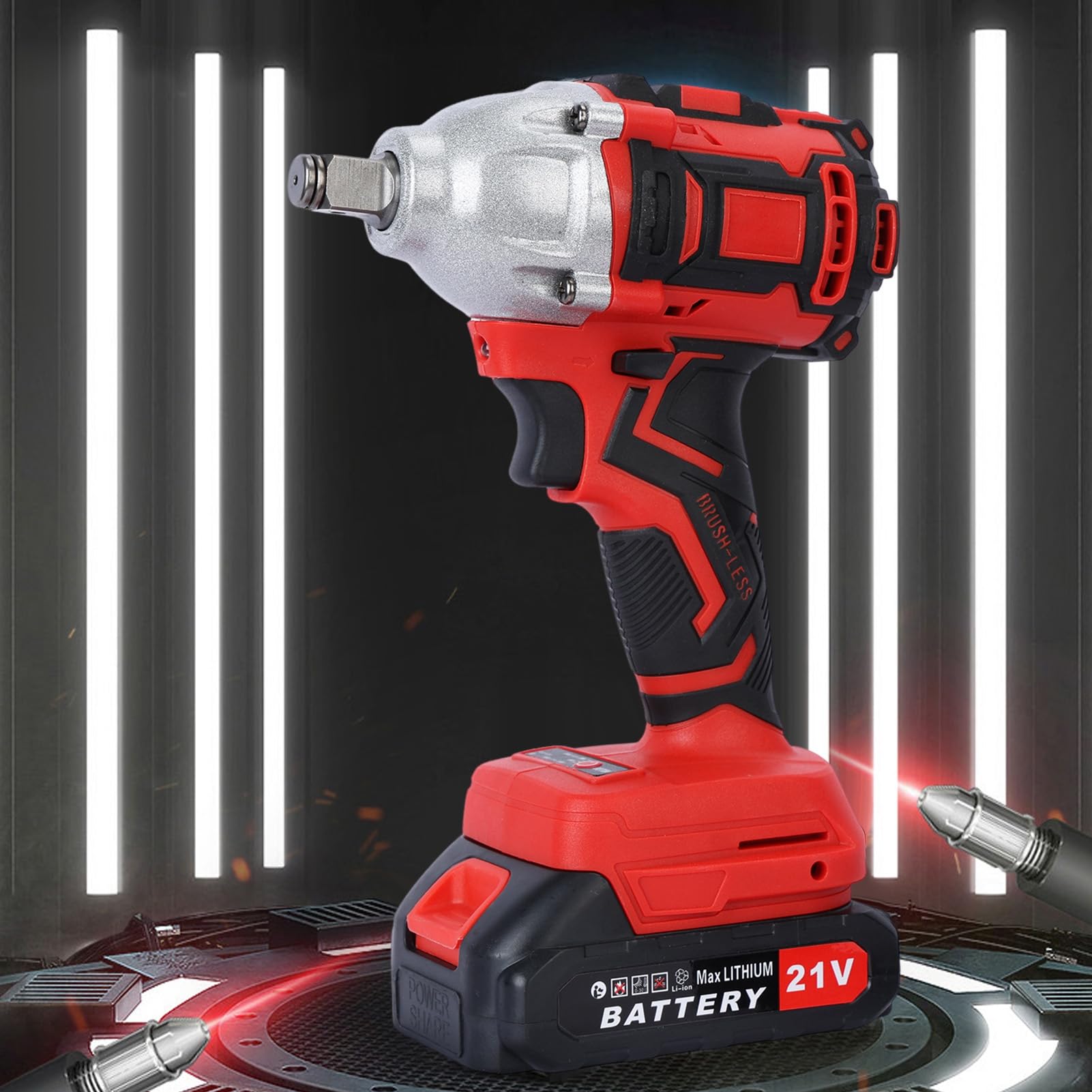 BESUFY Cordless Impact Wrench, Electric Wrench with 2 x 1500mAh Batteries, 21V and 520Nm High Torque, 1/2 Inch Electric Impact Driver, Brushless Motor Electric Impact Wrench for Car Lawn Mower Red