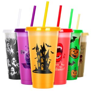 cessfle halloween color changing cups with lids and straws, 6 pack 24 oz plastic halloween cups with lids, reusable halloween tumblers bulk for christmas thanksgiving halloween party decorations