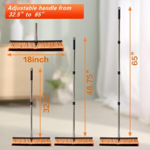 LUCHIA 18” Heavy Duty Push Broom with 65” Adjustable Stainless Steel Handle | Flagged Bristles for Indoor & Outdoor Broom for Floor Cleaning with Brooms, Gloves & Cloth | Orange