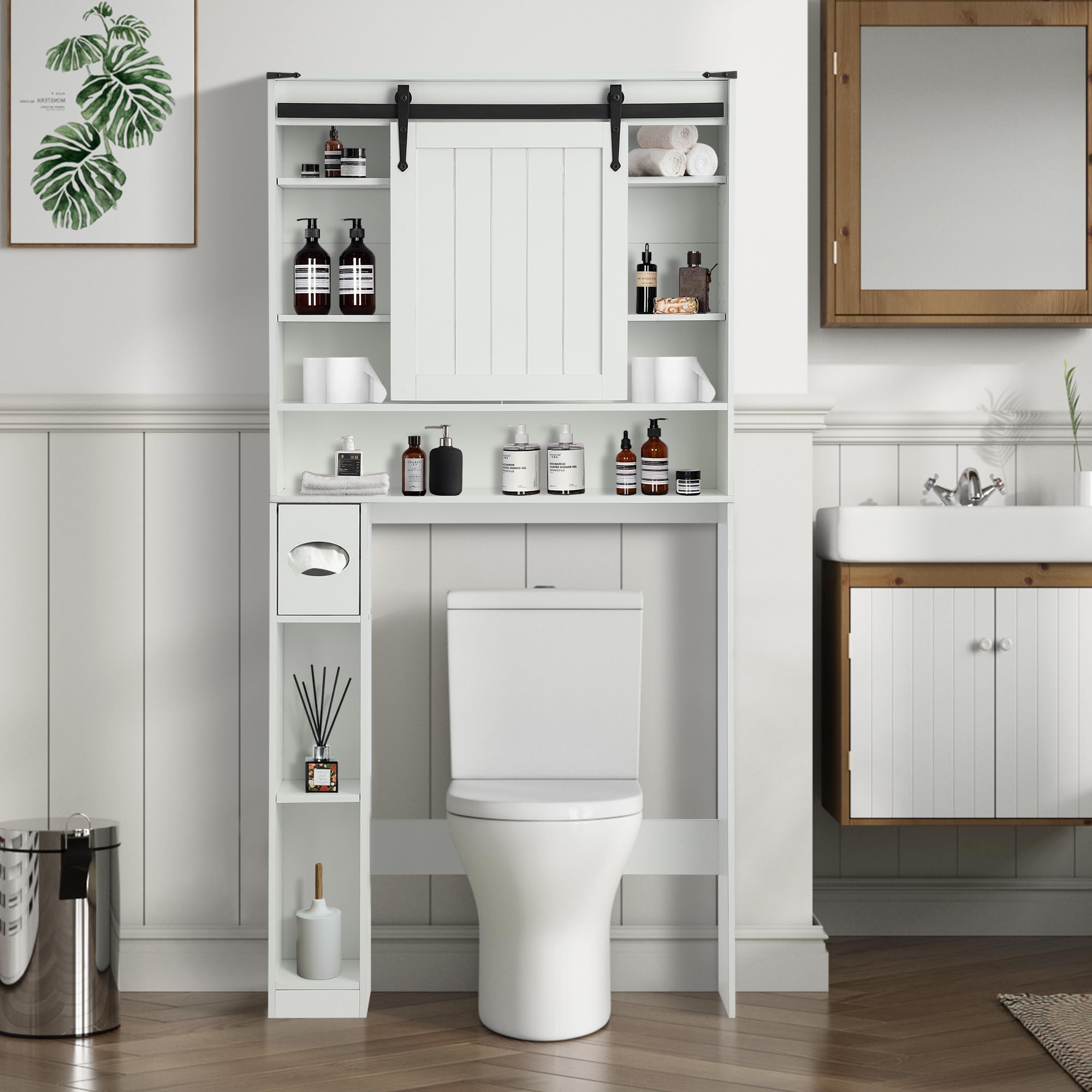 YOCONYO Over The Toilet Storage Cabinet, Farmhouse Over Toilet Cabinet Included Sliding Barn Door,Toilet Paper Holder Stand and Adjustable Bottom Bar, Freestanding Toilet Rack for Bathroom,White