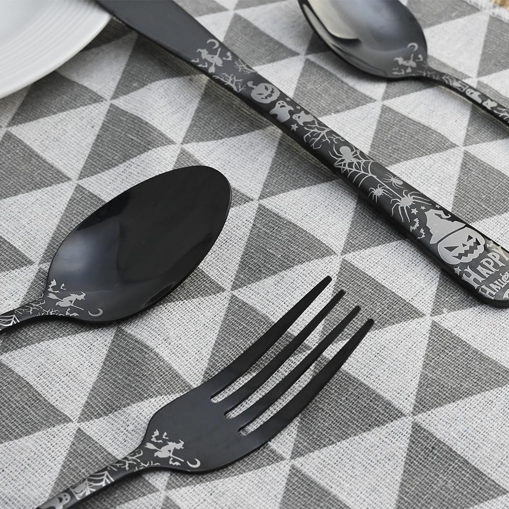 MUJINON Halloween Silverware Set for 4, 20-Piece Black Flatware Set 18/0 Stainless Steel, Gothic Pumpkin Cutlery for Decoration, Party, Gift, Housewarming, Dinnerware