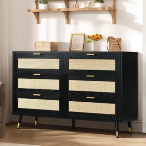 REVOMINCA Rattan 6 Drawer Dresser, Modern Boho Dresser for Bedroom, Rattan Chest of Drawers with Gold Handles & Legs, Modern Dressers for Bedroom, Black Rattan Dresser for Living Room and Hallway