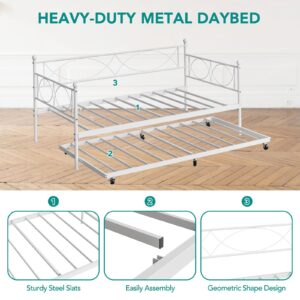 IDEALHOUSE Twin Bed with Pull Out Trundle, Metal Twin Daybed and Trundle Set, Day Bed Sofa Bed Frame with Steel Slat Support, Multifunctional Daybed Frame for Bedroom, Living Room, Guest Room