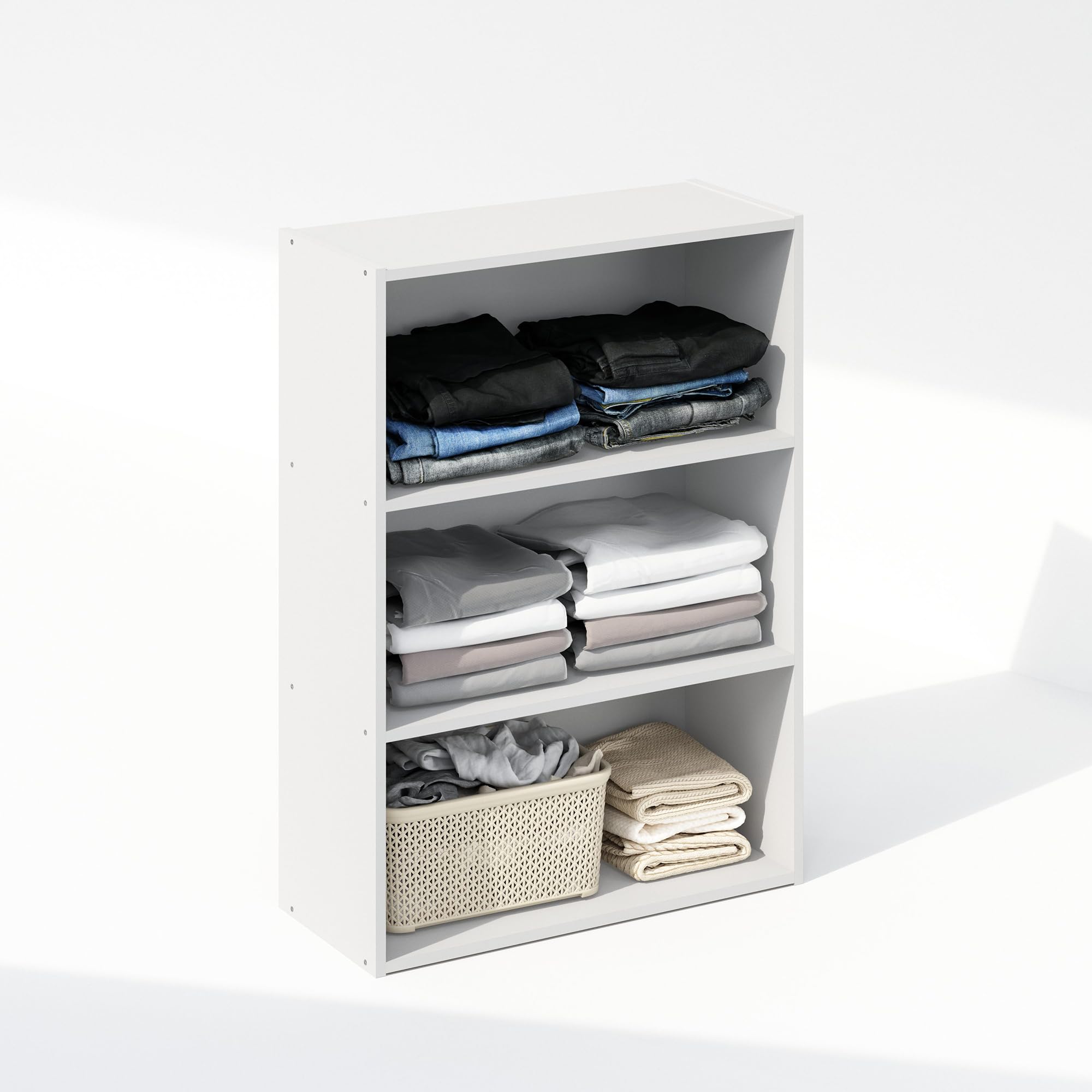 Furinno Reed 3-Tier Multipurpose Open Shelf Clothing & Closet Storage Organization, Plain White