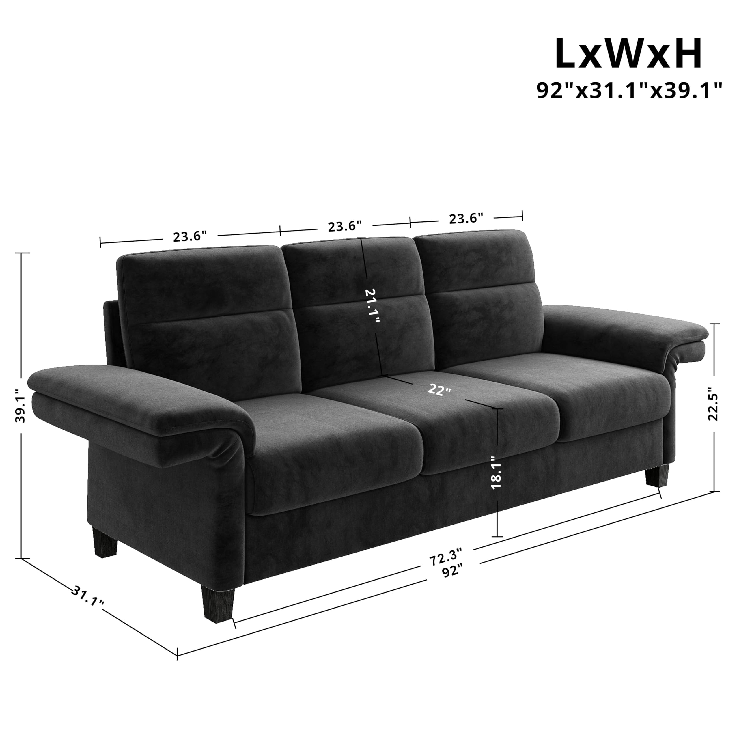 LIKIMIO 92 Inch Sofa, Comfy Lounge Couch with Adjustable armrests, Extra Deep Seats 3 Seater Sofa, Modern Couches for Living Room/Apartment, Easy Assembly, Gray Chenille