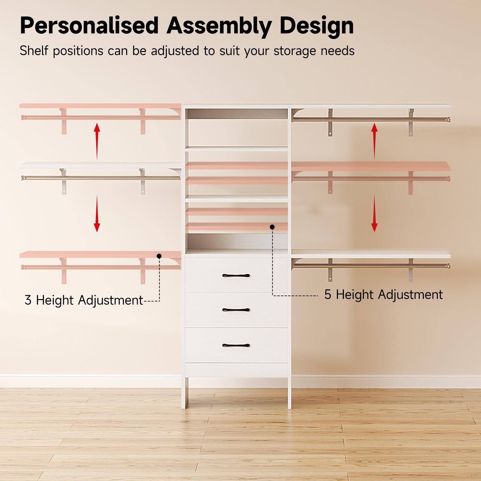 96 Inches Closet System, 8FT Walk In Closet Organizer with 3 Adjustable Shelves & 3 Hang Rods , Heavy Duty Clothes Rack with 3 Drawers, Built-In Garment Rack, 96"L x 16"W x 75"H, Load 1000 LBS, White