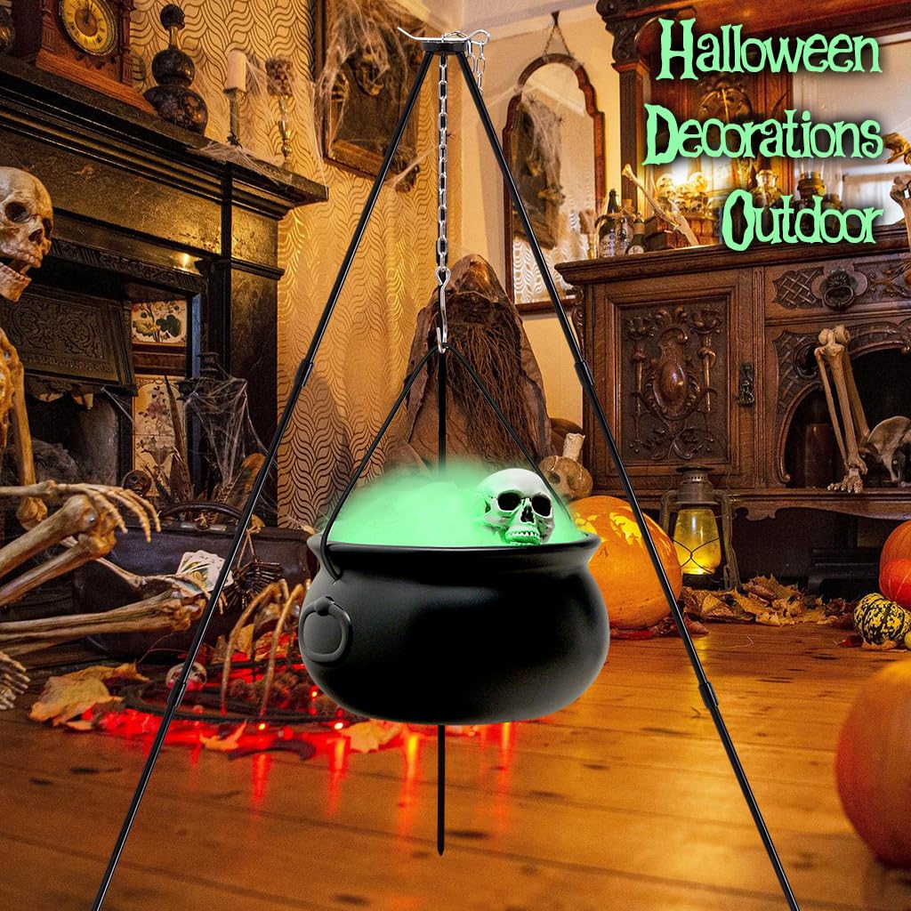 IKSII Witch Cauldron Halloween Decor,12.6" Large Halloween Cauldron Outdoor Indoor,Black Plastic Cauldron Kit on Aluminium Tripod,Halloween Candy Bucket Witch Decorations Cauldron Pot Decor for Yard