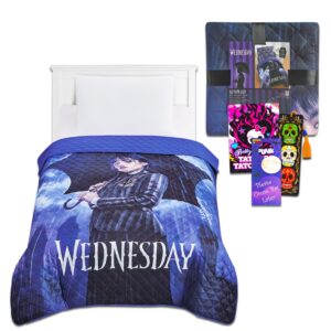 wednesday bedspread twin set for kids - bundle with wednesday addams quilted bedspread for twin bed plus bookmark, more | wednesday twin bedding set for girls