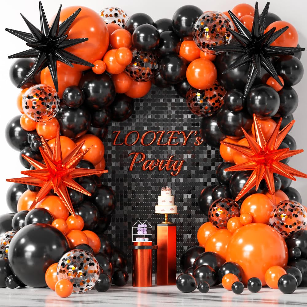 138Pcs Orange and Black Halloween Balloons Arch Kit with Stars - 5 10 12 18 inch Black Orange Garland Confetti Latex Party Balloons for Halloween Birthday Party Decorations