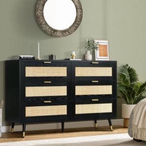 REVOMINCA Rattan 6 Drawer Dresser, Modern Boho Dresser for Bedroom, Rattan Chest of Drawers with Gold Handles & Legs, Modern Dressers for Bedroom, Black Rattan Dresser for Living Room and Hallway