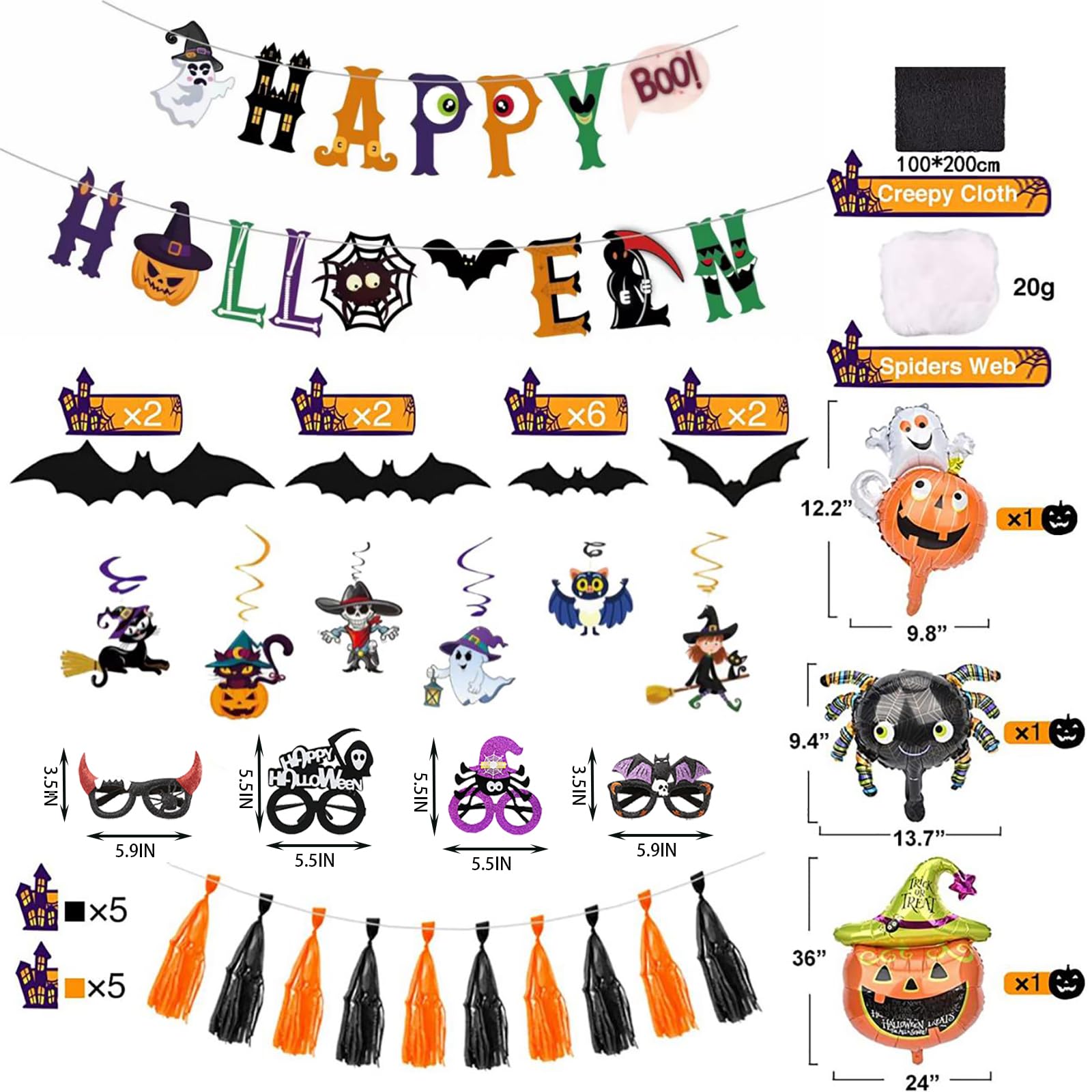 Hyfant 70Pcs Halloween Party Decorations Wall Decorations for Halloween Party Supplies Set 3D Bat Sticker Pumpkin Inflatables Cute Glasses Ghosts Banner Balloons Combo Set For Halloween Birthday Party