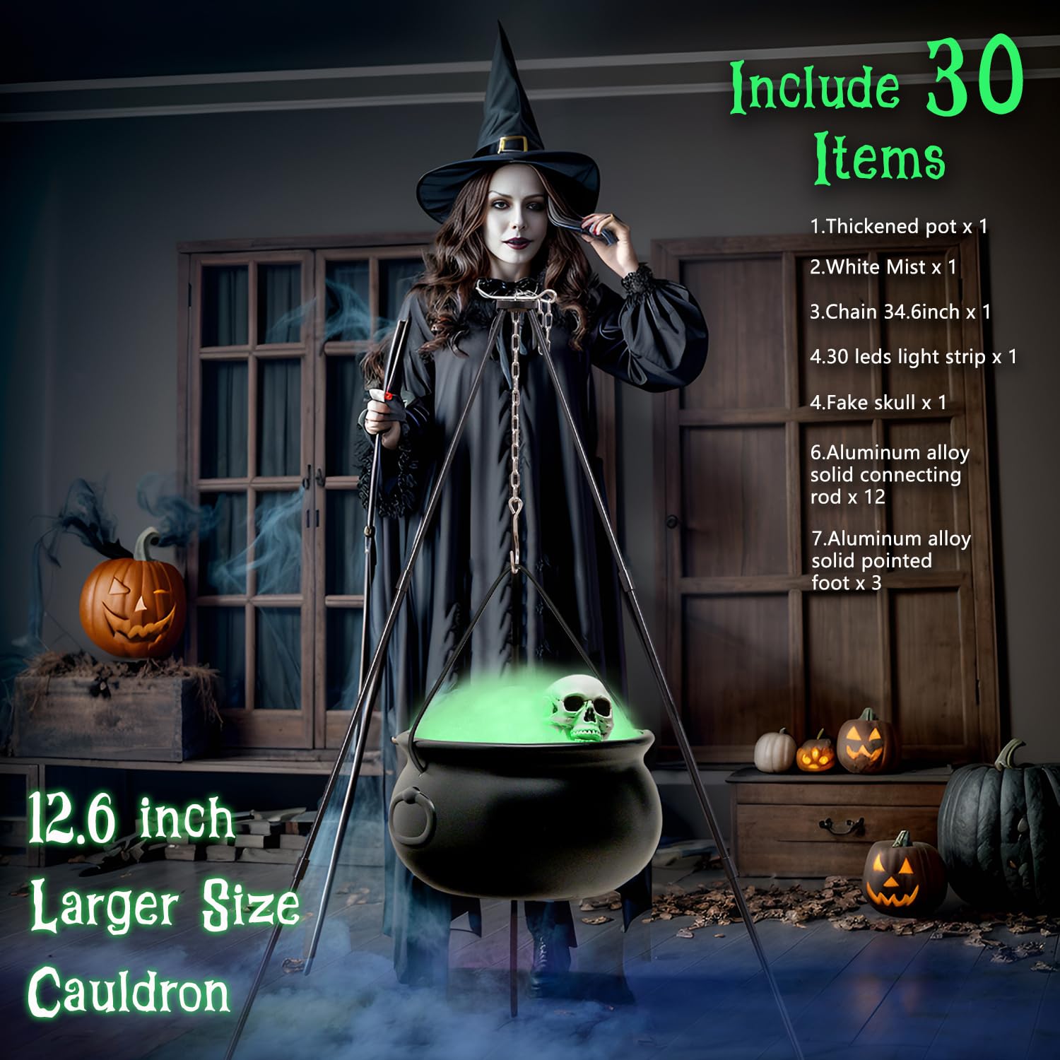 IKSII Witch Cauldron Halloween Decor,12.6" Large Halloween Cauldron Outdoor Indoor,Black Plastic Cauldron Kit on Aluminium Tripod,Halloween Candy Bucket Witch Decorations Cauldron Pot Decor for Yard