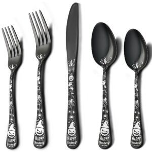 mujinon halloween silverware set for 4, 20-piece black flatware set 18/0 stainless steel, gothic pumpkin cutlery for decoration, party, gift, housewarming, dinnerware