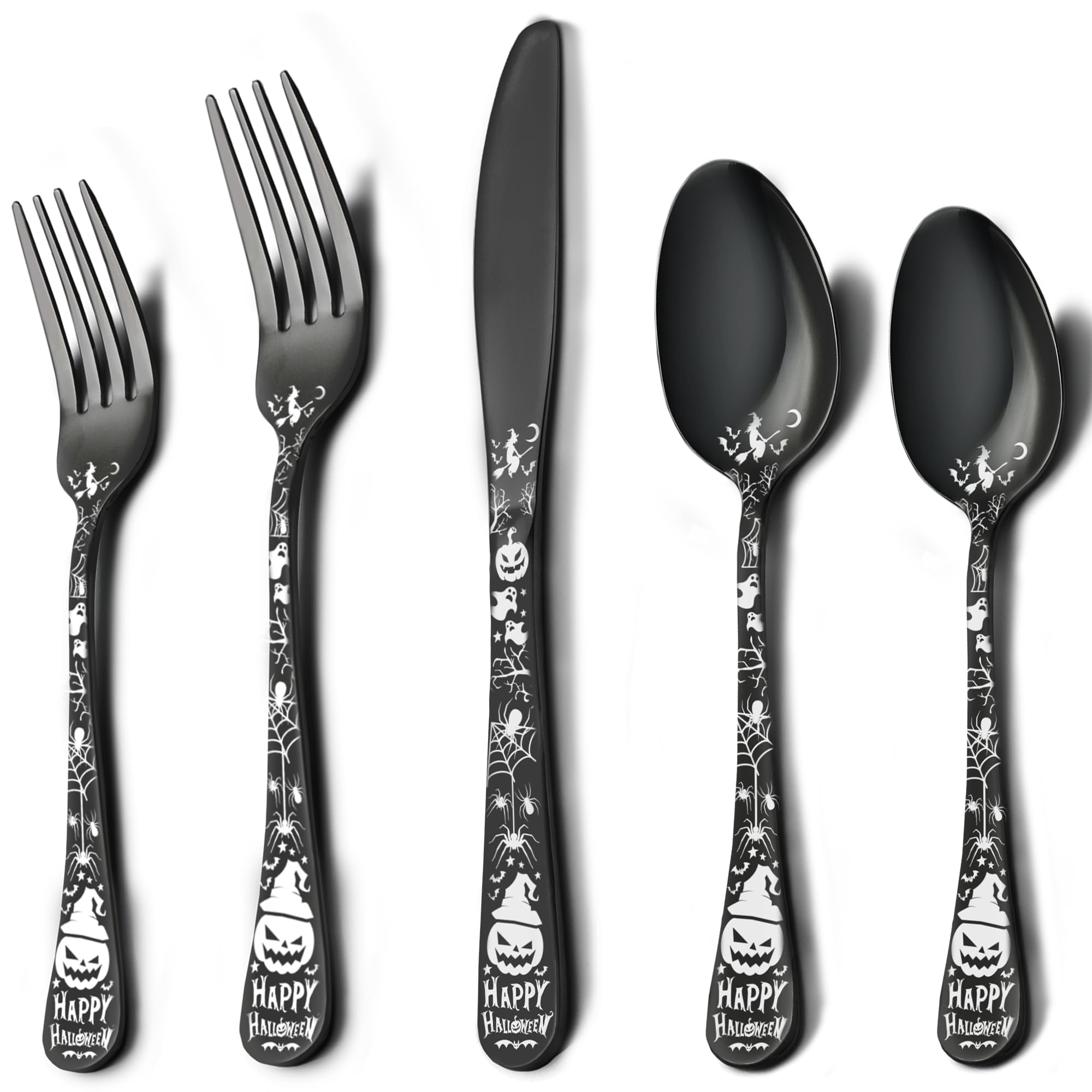 MUJINON Halloween Silverware Set for 4, 20-Piece Black Flatware Set 18/0 Stainless Steel, Gothic Pumpkin Cutlery for Decoration, Party, Gift, Housewarming, Dinnerware