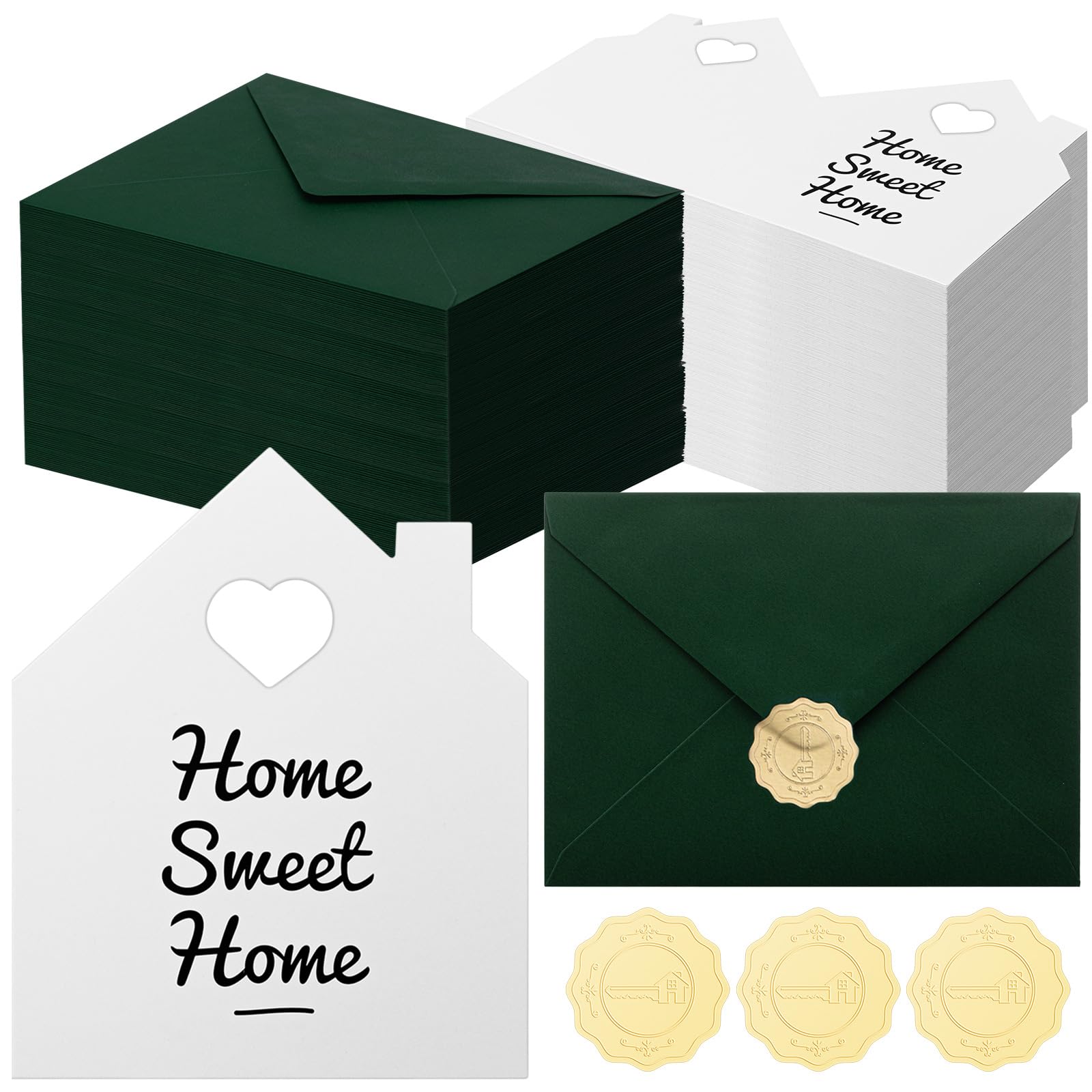 Motiskyy 24 Sets New Home Card Estate Agents Congratulations New Housewarming Card Welcome to Home Card House Shaped Greeting Thank You Note Card with Envelope and Sticker for Gift Supplies(Green)