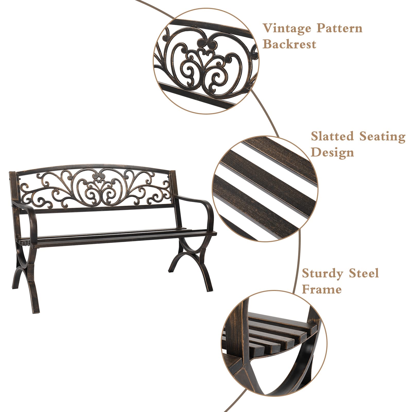 Butterfly Back Cross Feet Bronze Iron Bench, Powder-Coated Iron Outdoor Garden Bench, 50 x 23.82 x 33.27 inches, Bronze