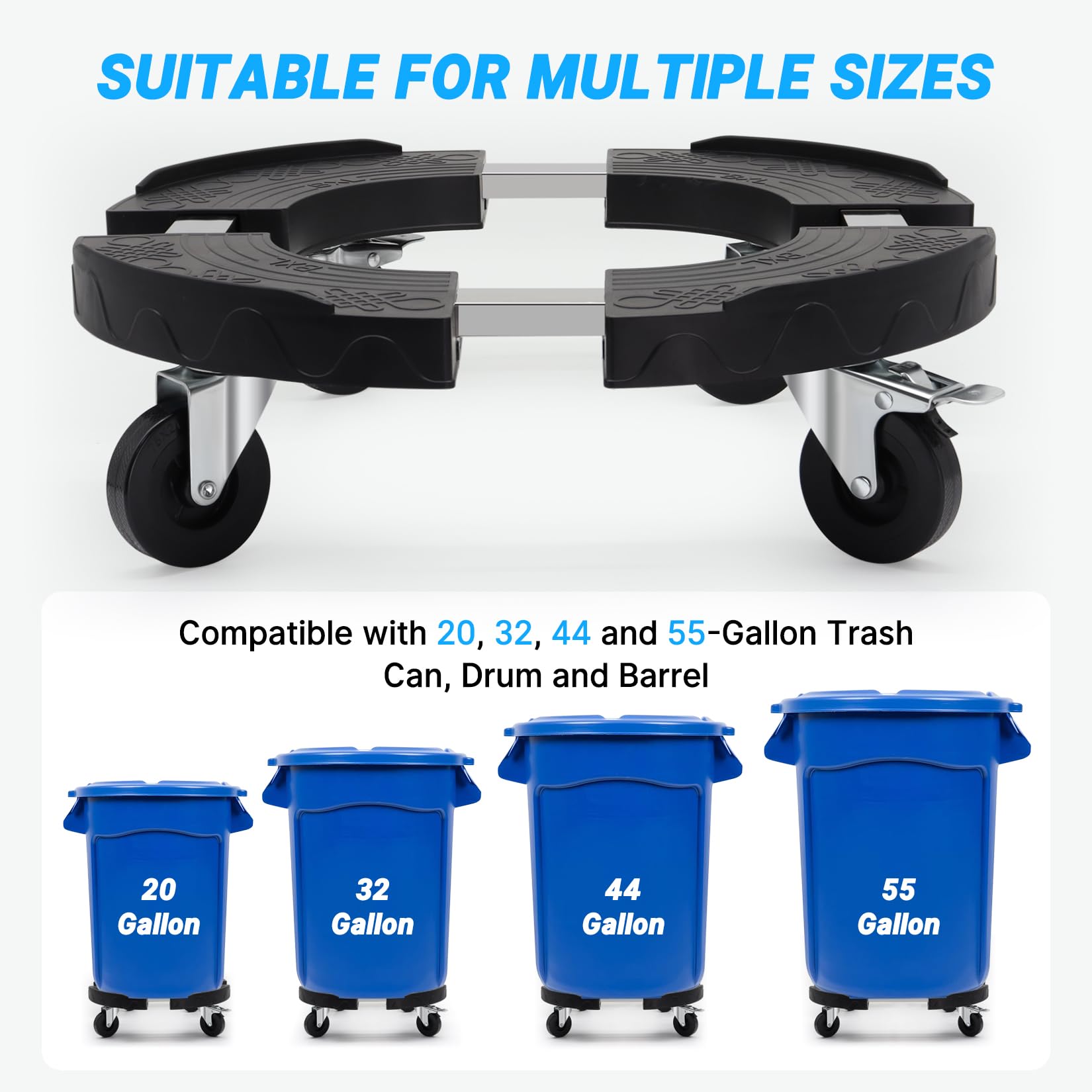 W B D WEIBIDA Upgraded Trash Can Dolly Adjustable 15-19 Inch Round Dolly with 3” Wheels Heavy Duty Trash Can Roller Base Large Barrel Dolly Multi Functional Drum Dolly Bucket Dolly