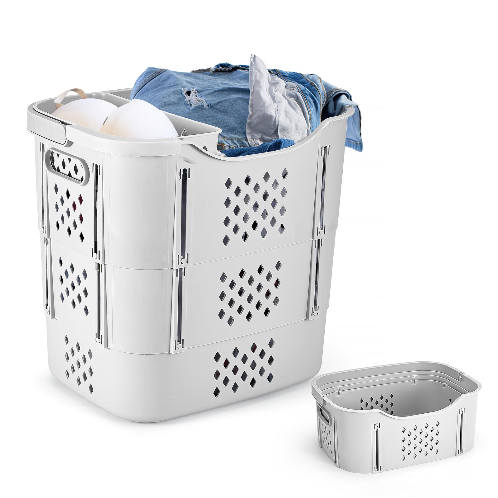 Vicorise 40L(10.7Gallons) Collapsible Laundry Basket,3-Layer Kids Small Laundry Baskets Plastic with Underwear Basket,Baby Foldable Laundry Basket Organizer Dirty Hampers for Bedroom,Bathroom,Grey