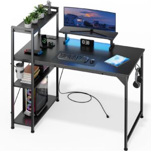 omicon computer desk with led light, 42-55 inch gaming desk with reversible storage shelves, office desk with power outlets corner desk for home office, small space desk black carbon fiber (42)