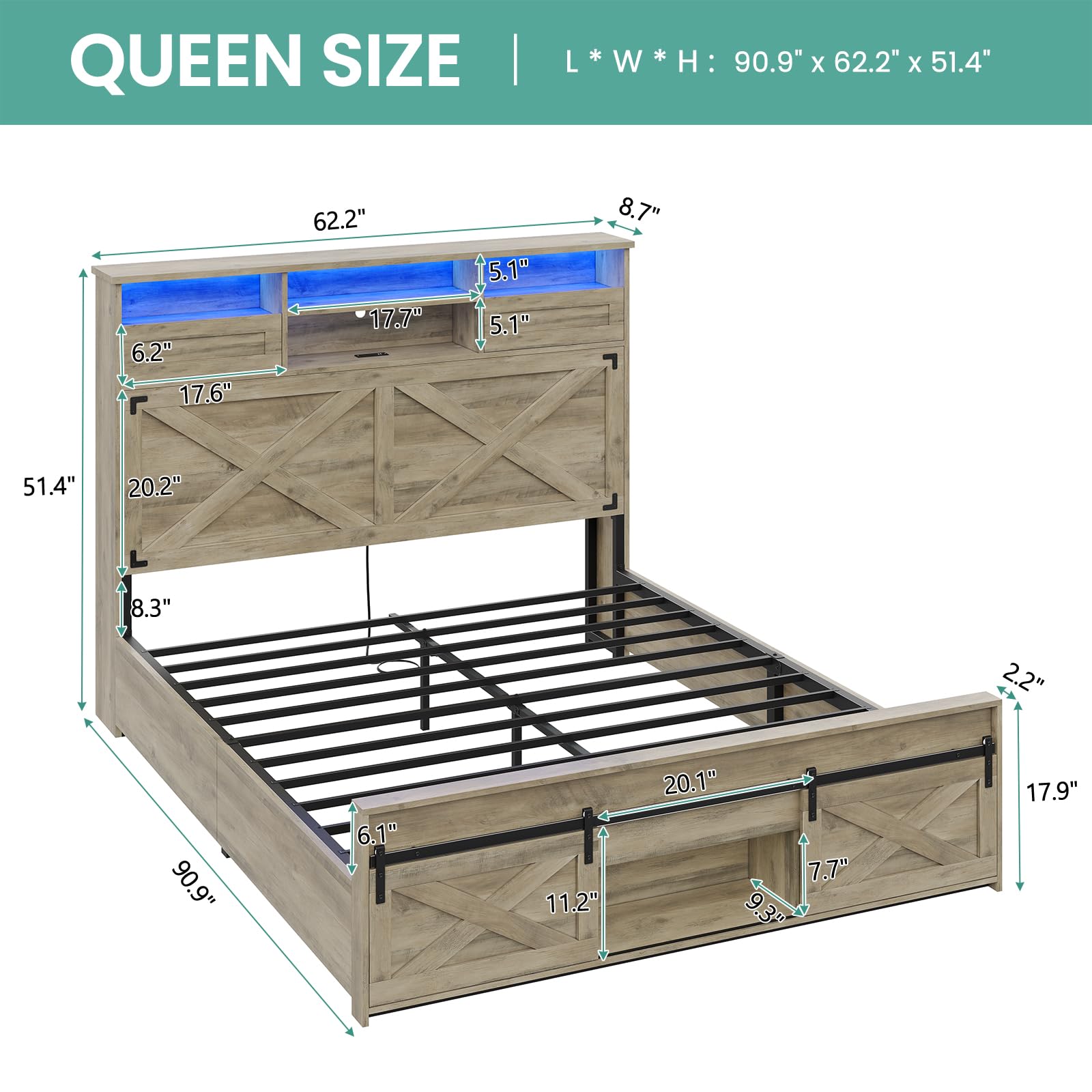 Hasuit Farmhouse Bed Frame Queen Size with LED Lights and Charging Station, 51.4" High Headboard with Storage Shelves and Rustic Country Queen Bed with Sliding Barn Door Storage Footboard, Rustic Oak