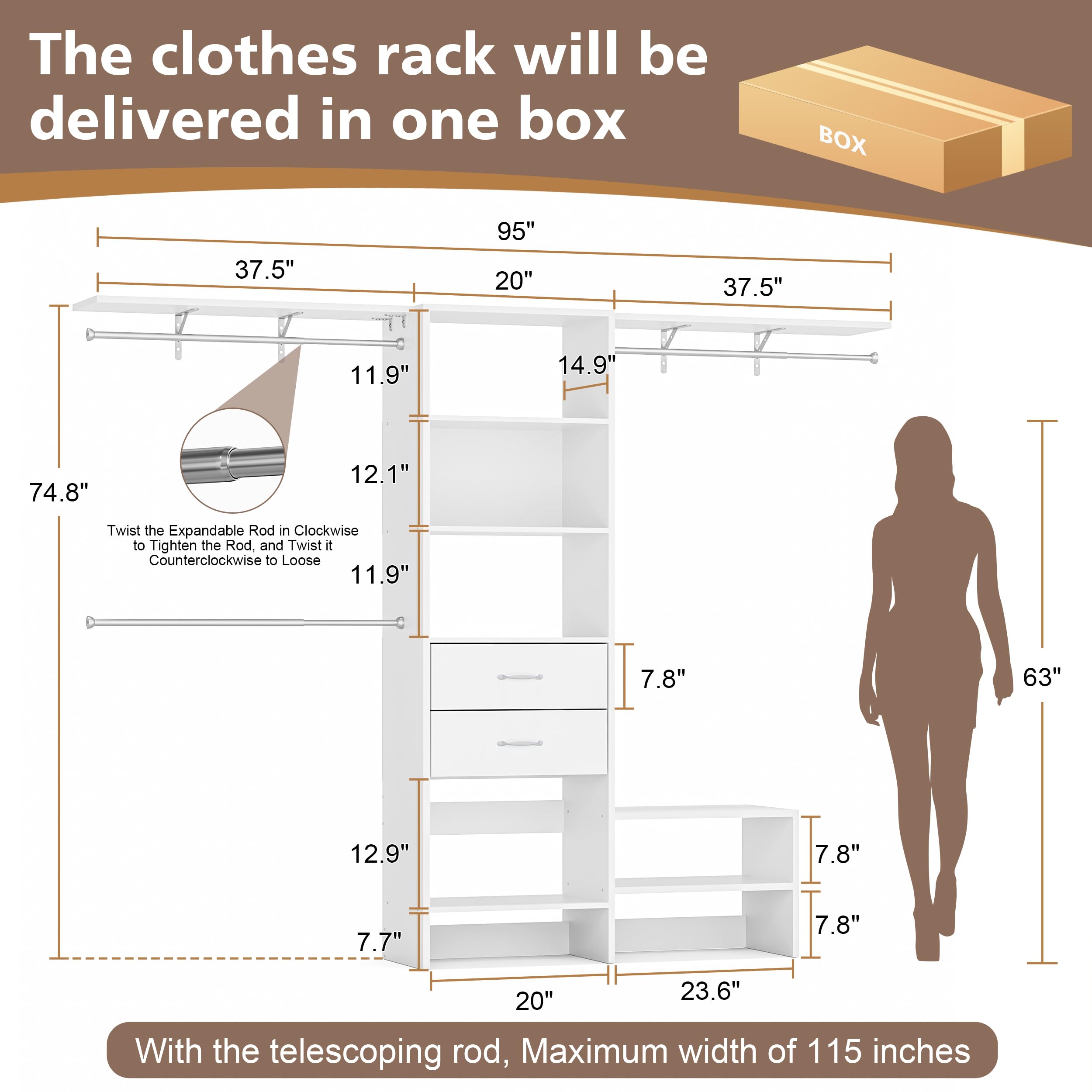 MJOMKN 8FT Closet System with Drawers, Walk-In Closet Organizer with 3 Adjustable Hanging Rods, Wood Closet Storage, Heavy Duty Clothes Rack, 96" L x 16" W x 75" H, Adjustable Wardrobe Rack, White