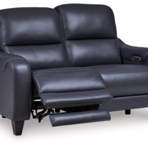 Signature Design by Ashley Mercomatic Contemporary Leather Match Wall Hugger Power Reclining Loveseat with Adjustable Headrest and USB Ports, Blue