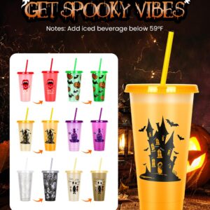 Cessfle Halloween Color Changing Cups with Lids and Straws, 6 Pack 24oz Plastic Halloween Tumblers Set Halloween Bulk Party Cups, Reusable Cups with Lids and Straws for Halloween Party Favors…