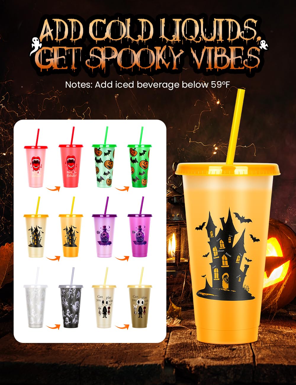 Cessfle Halloween Color Changing Cups with Lids and Straws, 6 Pack 24oz Plastic Halloween Tumblers Set Halloween Bulk Party Cups, Reusable Cups with Lids and Straws for Halloween Party Favors…