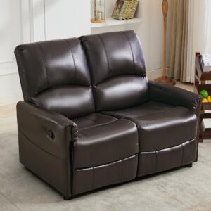 tunyi 48.2" loveseat recliner rv sofa - double manual recliner loveseat glossy leather reclining loveseat rv furniture with 1" leg and side pocket for living room/apartment/rv (brown)