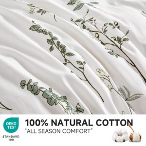 Simple&Opulence 100% Cotton Duvet Cover Set King Size, 3Pcs White Floral Botanical Printed Comforter Cover Set with Button Closure, Soft Breathable Bedding with Linen Trim for All Seasons