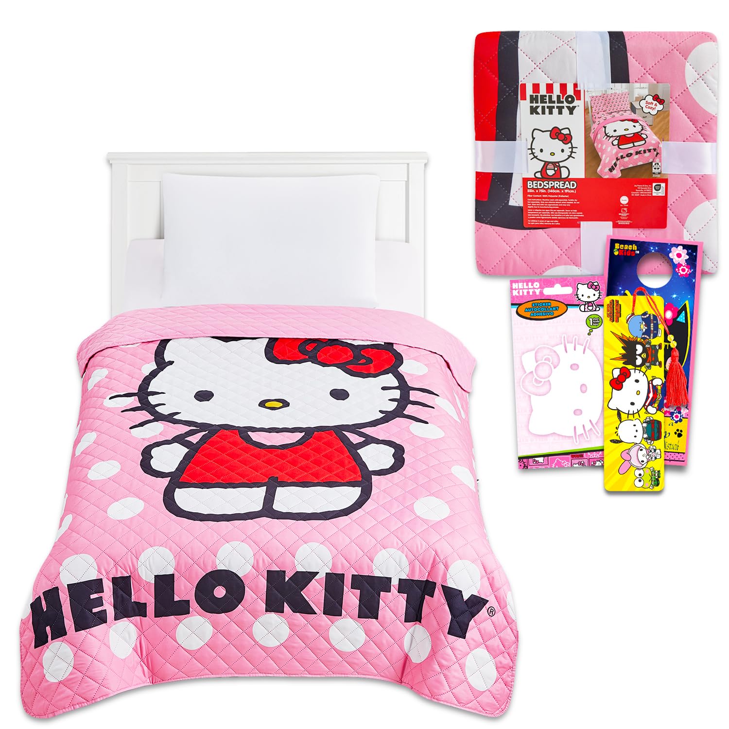 Hello Kitty Bedspread Twin Set for Kids - Bundle with Hello Kitty Quilted Bedspread for Twin Bed Plus Decal, More | Hello Kitty Twin Bedding Set for Girls