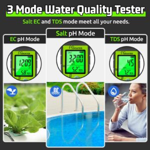 HOICATED Digital Pool Salt Tester for Swimming Pool Large Simultaneous Screen Salinity pH Meter for Koi Pond Aquarium Fish Tank Hot Tub EC Tester for Indoor Garden Hydroponics Water Quality Tester