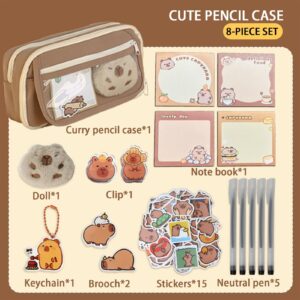 GUANGLU Cute Capybara Pencil Case, Capybara School Supplies, Clear Aesthetic Pencil Pouch with Cute Capybara Pins and Plush, Large Capacity Multi-layers Pen Case