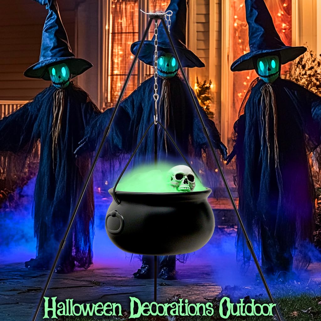 IKSII Witch Cauldron Halloween Decor,12.6" Large Halloween Cauldron Outdoor Indoor,Black Plastic Cauldron Kit on Aluminium Tripod,Halloween Candy Bucket Witch Decorations Cauldron Pot Decor for Yard