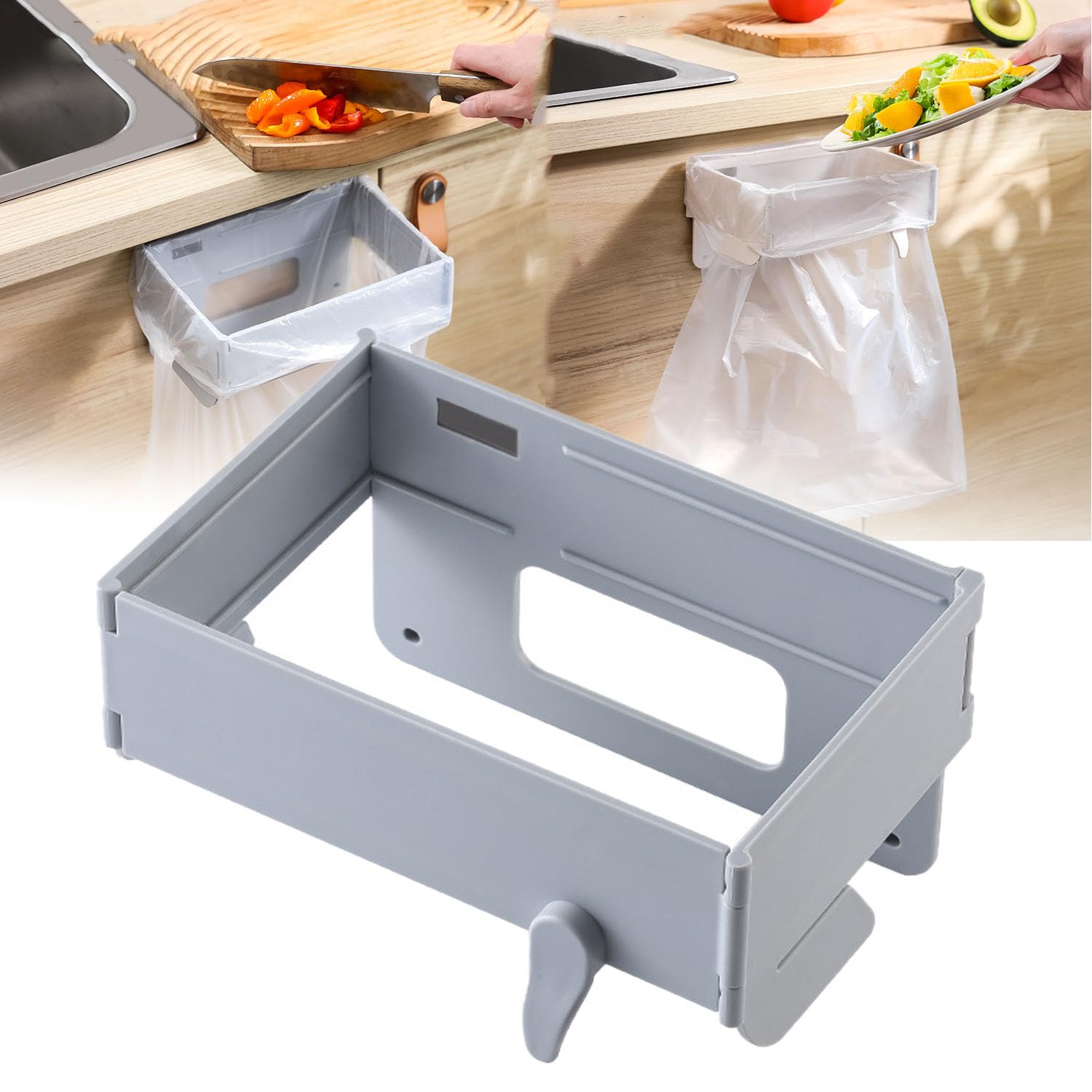 Wall-Mounted Foldable Trash Bag Holder, Multifunctional Garbage Bag Holder Frame, Kitchen Trash Organizer, Foldable Trash Bag Holder, for Bathroom Kitchen (Grey)