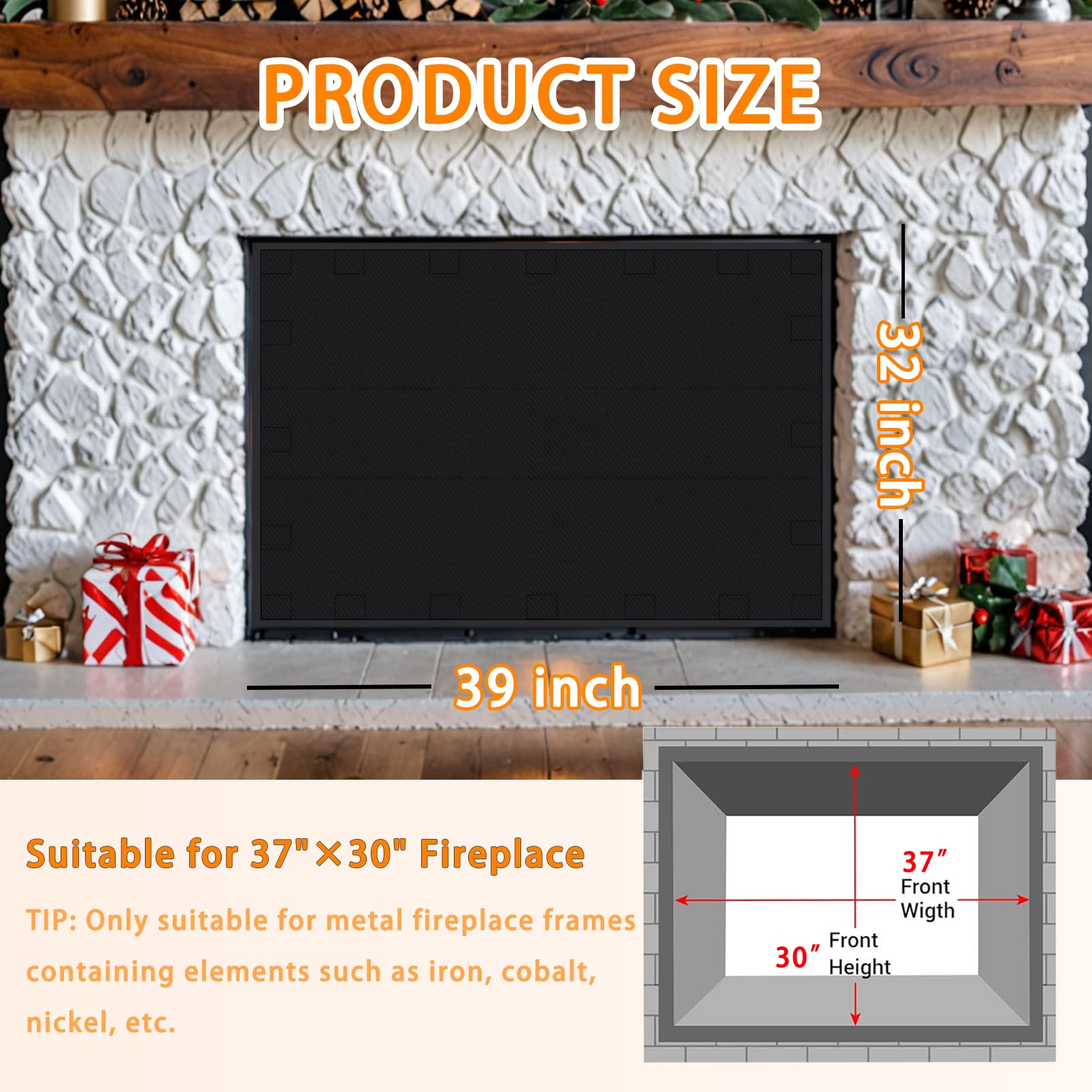 JUIN Magnetic Fireplace Cover Indoor: 39×32 Fire Place Blanket for Brick/Gas Fireplace - Magnet Fireplace Mat Air Blocker Proof Screen for Heat Loss Living Room Insulation