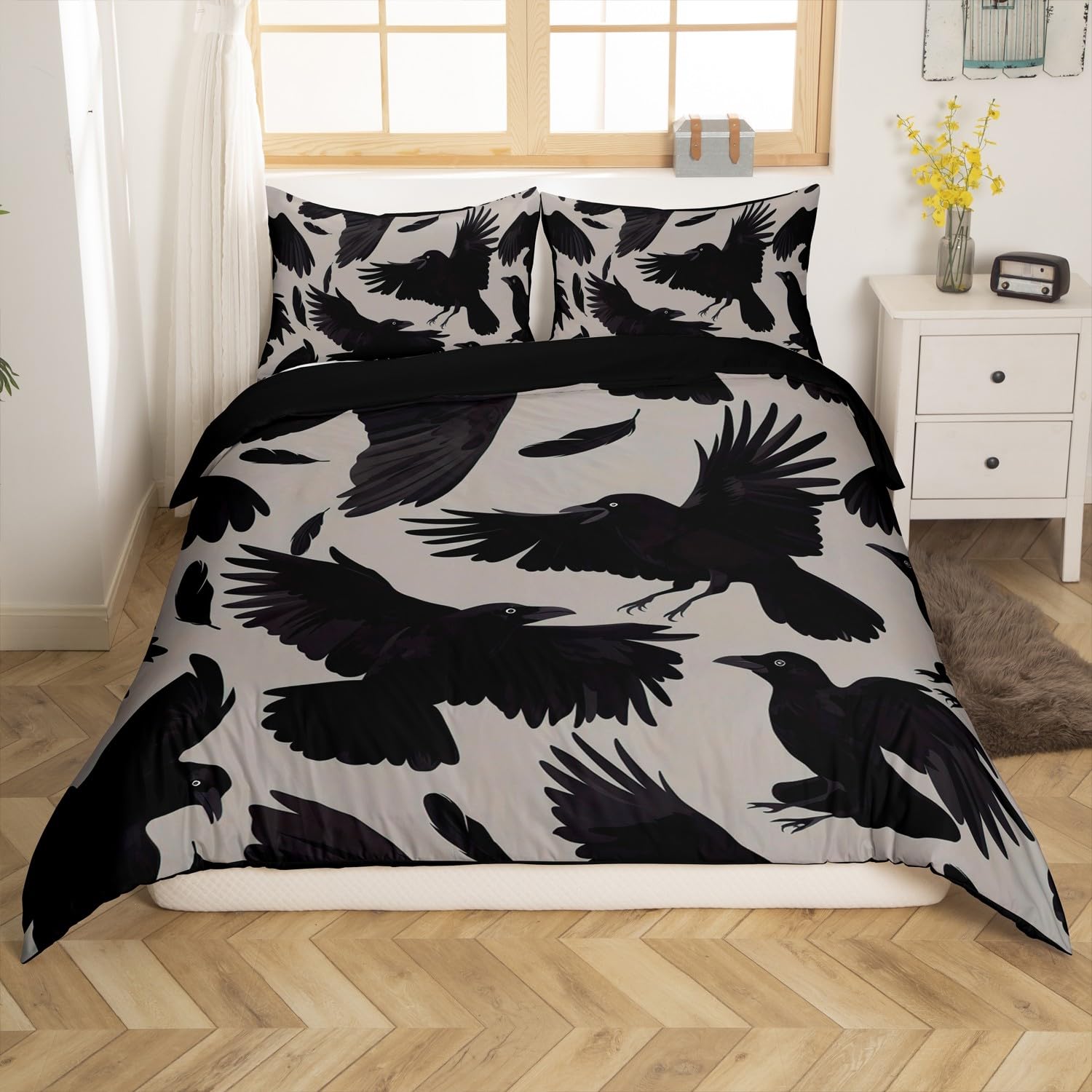 Feelyou Kids Raven Full Size Bedding Set Black Feathers Bird Themed Comforter Cover Set for Girl Boys Gothic Art Duvet Cover All Season Home Decor,1 Duvet Cover with 2 Pillow Shams