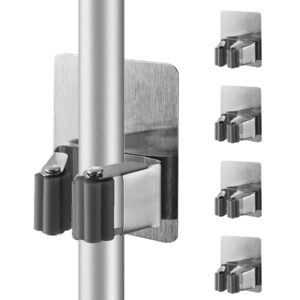 cokshy 4 pcs stainless steel broom holder, heavy duty garden tool organizer rack rake, square rust resistant broom holder wall mount for kitchen bathroom closet garden garage - gray