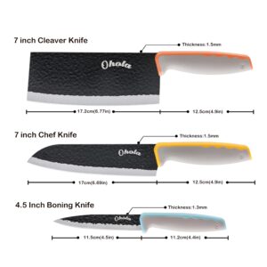 3PCS Kitchen Knvies, Includes 7 inch Chef Knife, 7 inch Cleaver Knife and 4.5 inch Boning Knife, Stainless Steel Blade with Ergonomic Rubber Handle, Dishwasher Safe (Orange, Yellow, Blue)