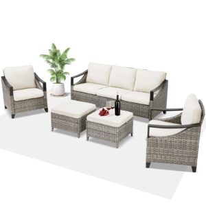 FEISHOMINOO Outdoor Patio Furniture, 5 Piece Patio Furniture All Weather 2-Seater Outdoor Sectional Sofa with Thick Cushions for Patio,Porch,Garden,Backyard (Beige, M-5 Chair Sofa)