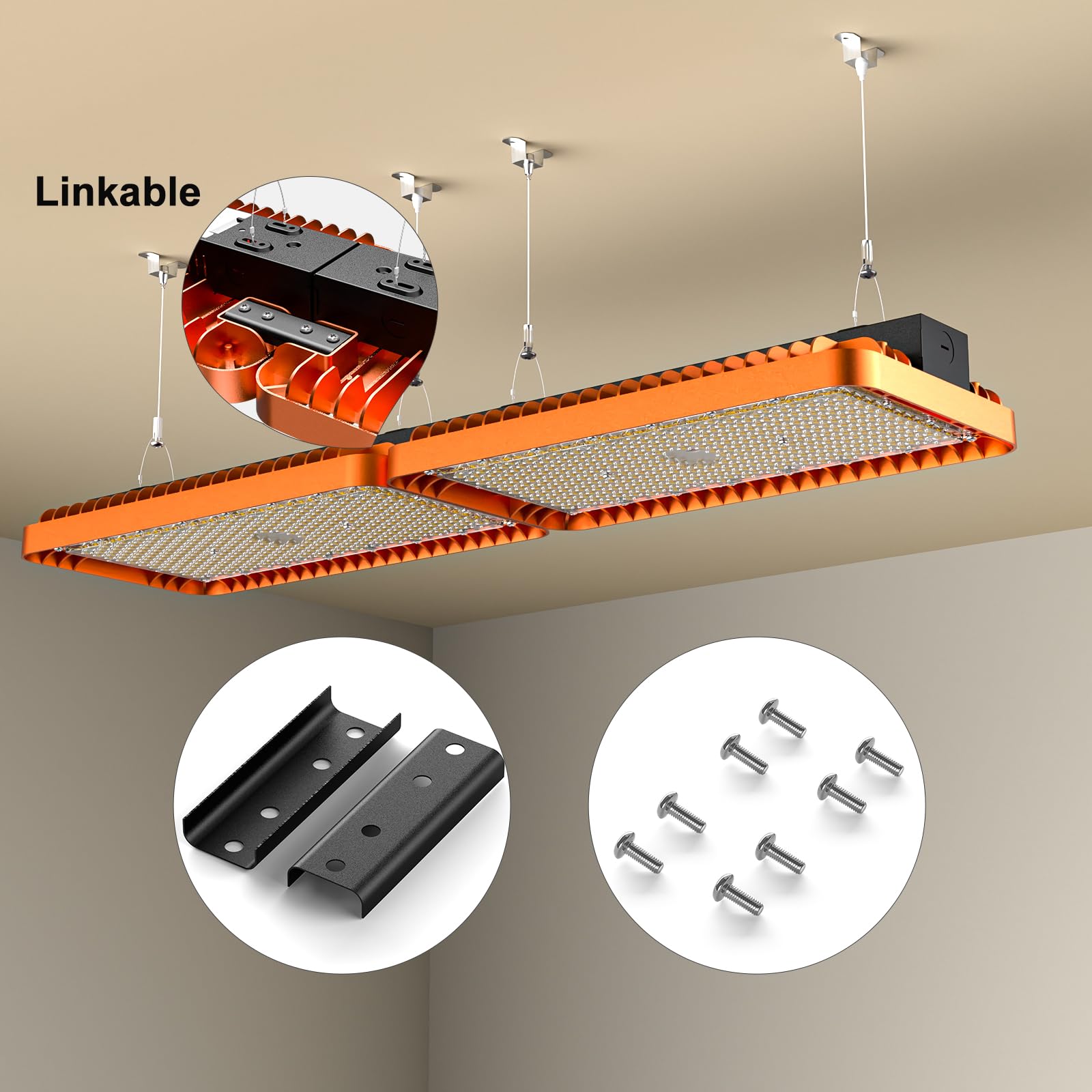 Lightdot 2FT LED High Bay Shop Lights,100-277v Linkable,200W 2FT LED Light Fixtures for Garage Workshop Supermarket, 30000LM [Eqv. 1000W MH] 5000K,Flush,Pipe and Hanging Mouting Available-2Pack,Orange