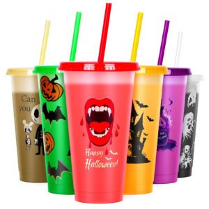 cessfle halloween color changing cups with lids and straws, 6 pack 24oz plastic halloween tumblers set halloween bulk party cups, reusable cups with lids and straws for halloween party favors…