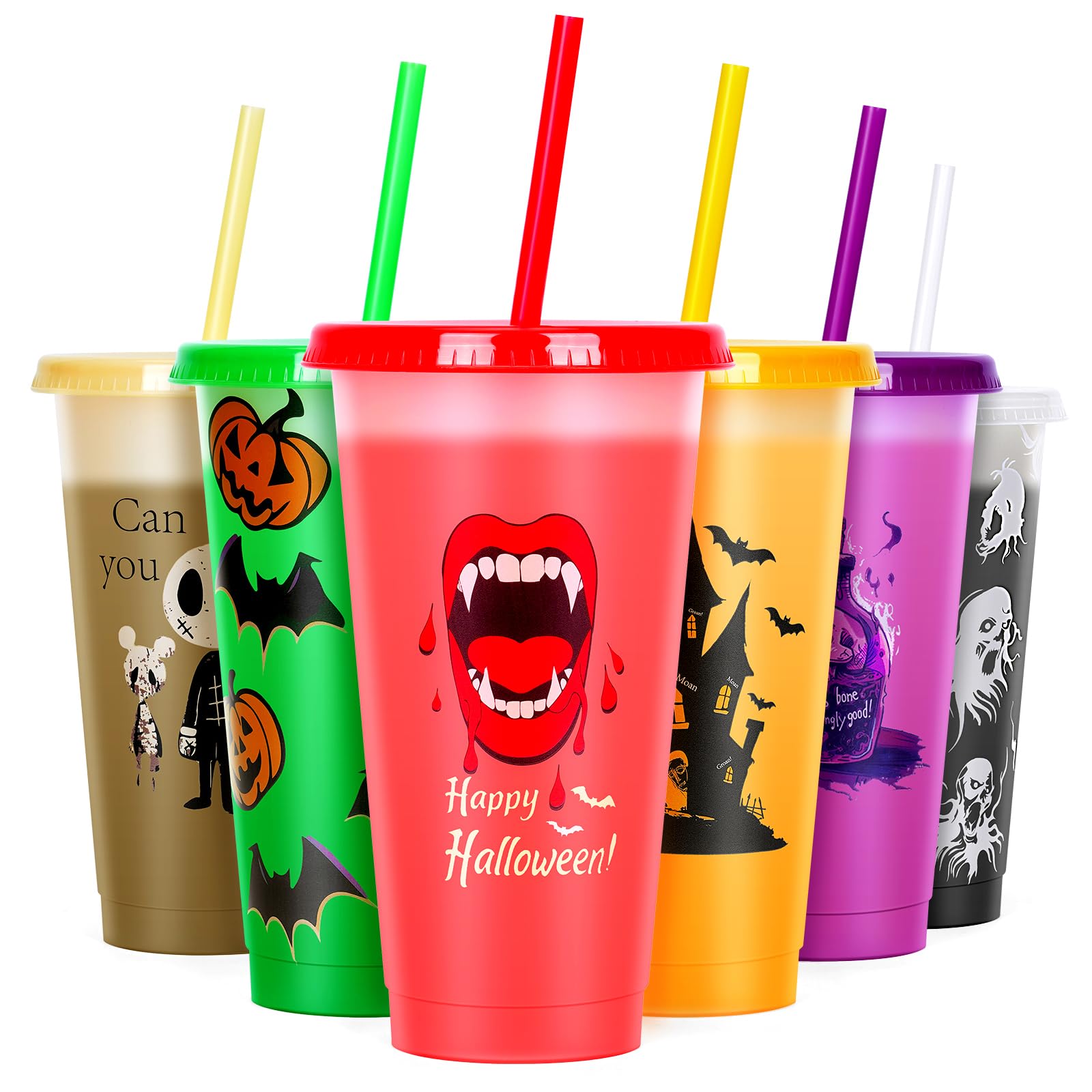 Cessfle Halloween Color Changing Cups with Lids and Straws, 6 Pack 24oz Plastic Halloween Tumblers Set Halloween Bulk Party Cups, Reusable Cups with Lids and Straws for Halloween Party Favors…