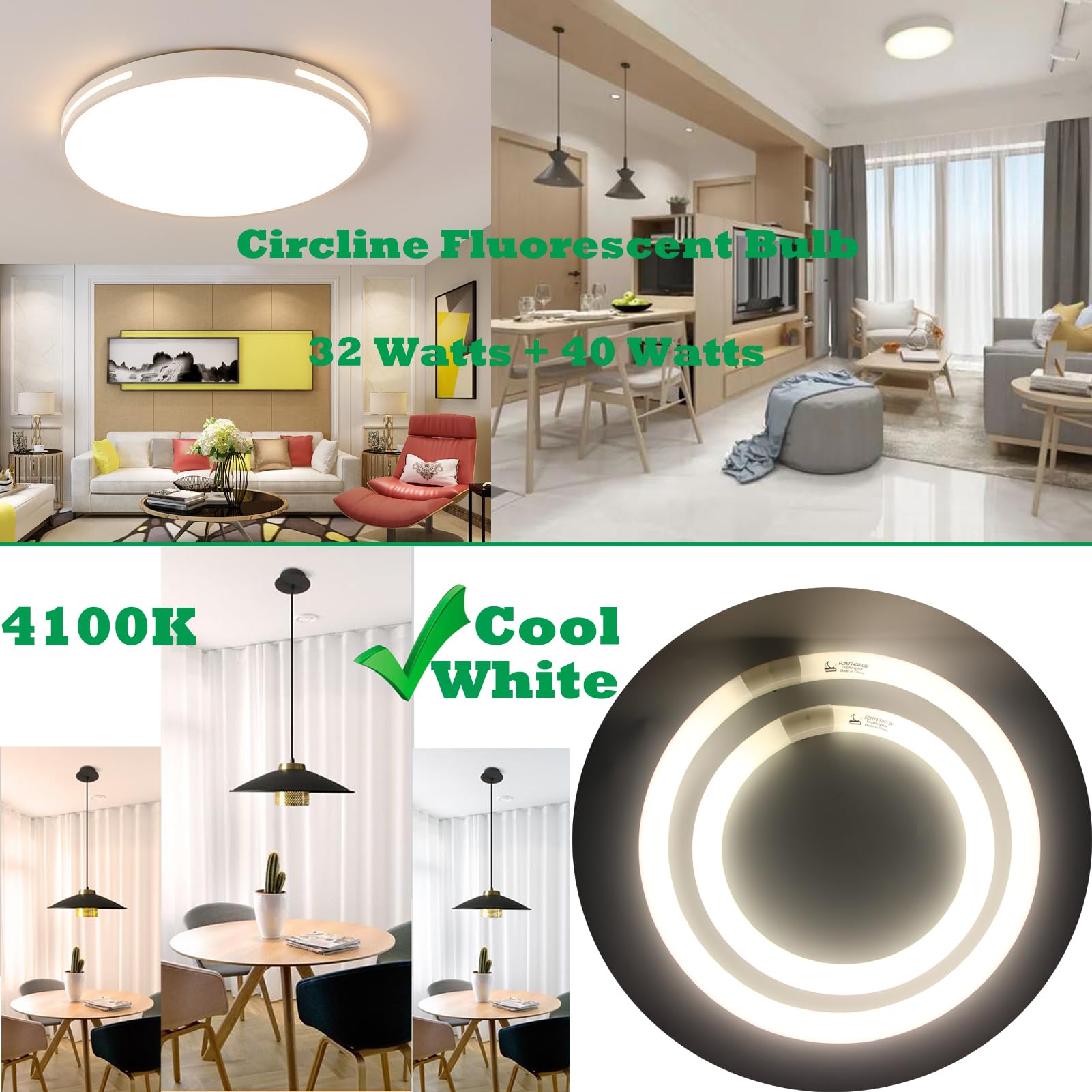 FC12T9/CW 32W and FC16T9/CW 40W Cool White Set, Round Fluorescent Light Bulb 12 inch T9 32 Watts & 16 inch 40 Watts Circular Bulb, Circline Kitchen and Bath Light Bulbs, 4100K, G10q 4 pin Prong