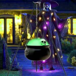 iksii witch cauldron halloween decor,12.6" large halloween cauldron outdoor indoor,black plastic cauldron kit on aluminium tripod,halloween candy bucket witch decorations cauldron pot decor for yard