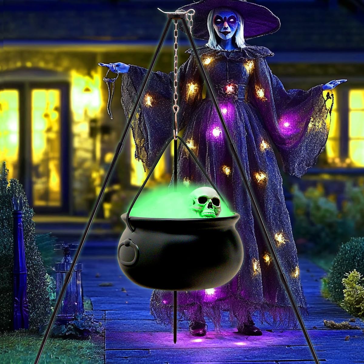 IKSII Witch Cauldron Halloween Decor,12.6" Large Halloween Cauldron Outdoor Indoor,Black Plastic Cauldron Kit on Aluminium Tripod,Halloween Candy Bucket Witch Decorations Cauldron Pot Decor for Yard